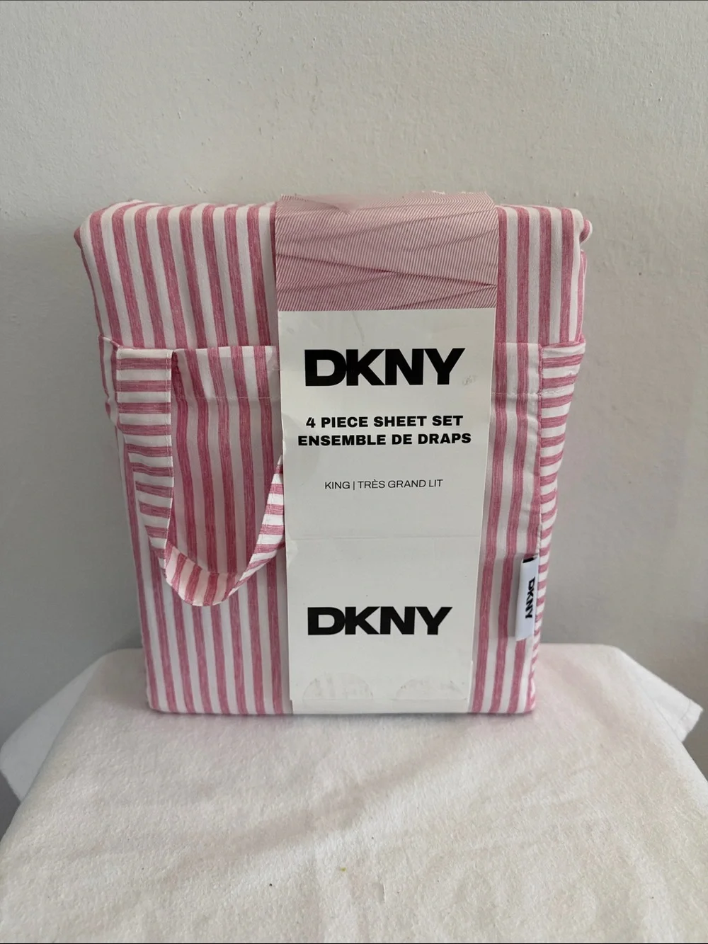 DKNY 4 Piece Pink and White Stripe King Size Sheet Set